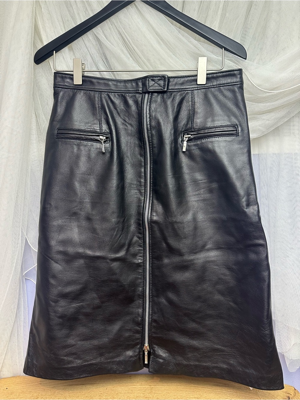 Black Leather Zip-Front A-Line Skirt - Picture 2 of 11